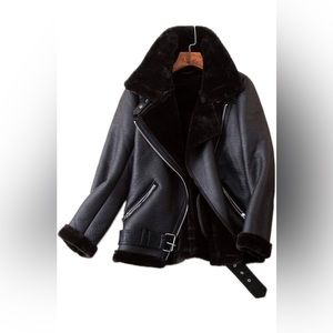 LY VAREY LIN Faux Shearing Moto Thick Lined Winter Shearling Coat Leather Jacket